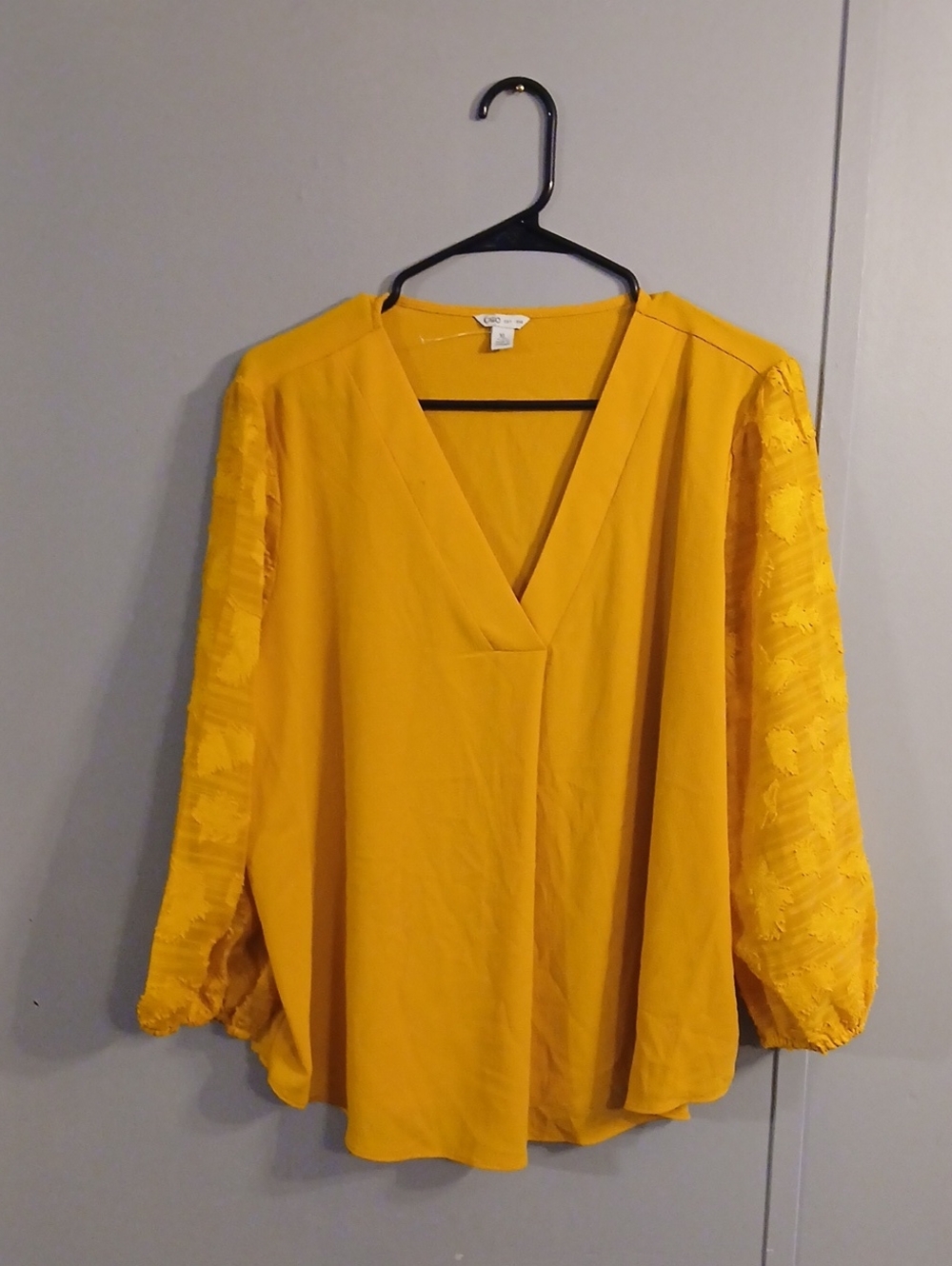 Cato Mustard V-Neck Blouse with Lace Balloon Sleeves